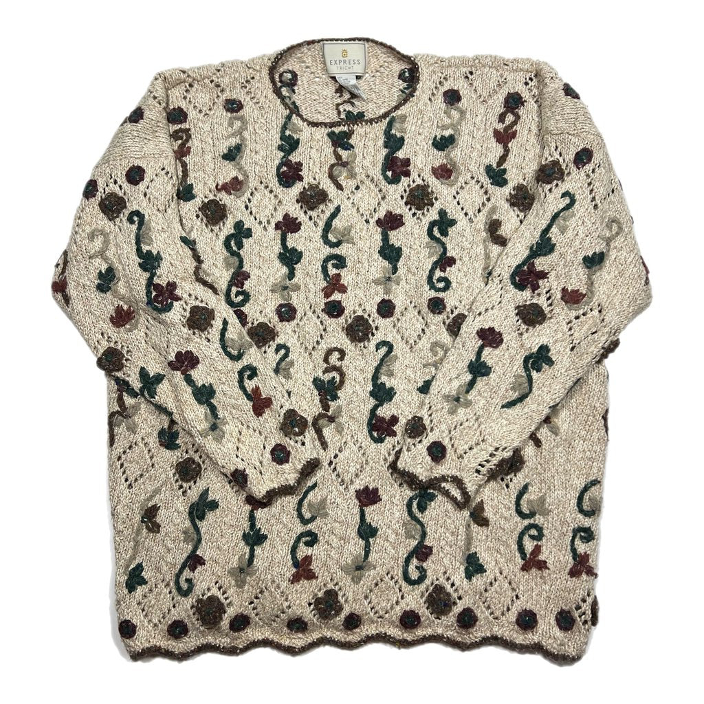 Vintage Express Tricot Floral Knitted Sweater Sand Sz. L