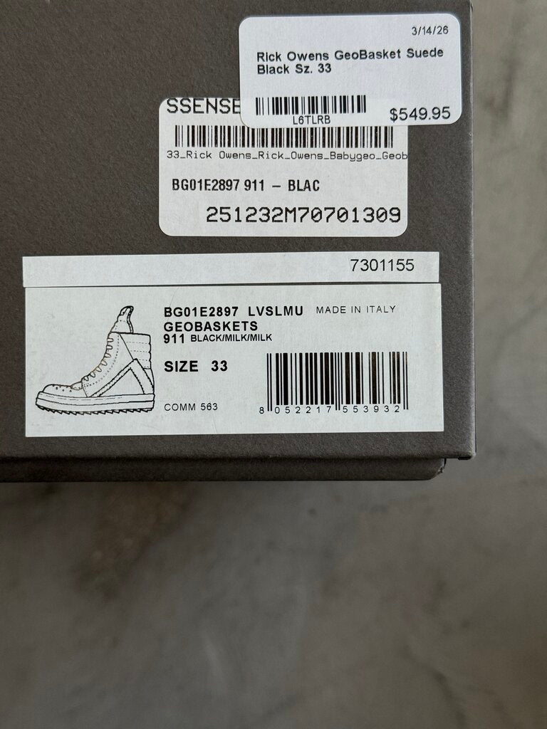 Rick Owens GeoBasket Suede Black Sz. 33