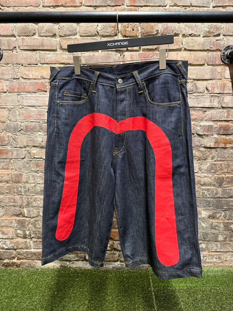 Evisu Raw Denim Blue Jean Shorts Sz. 38