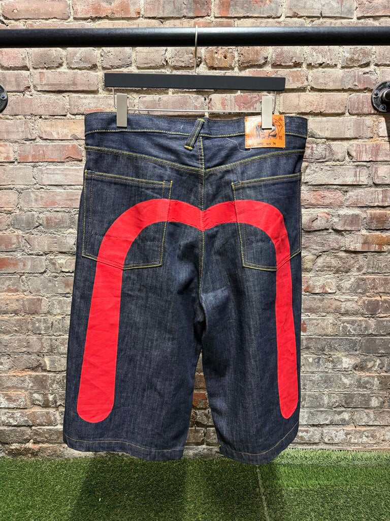 Evisu Raw Denim Blue Jean Shorts Sz. 38
