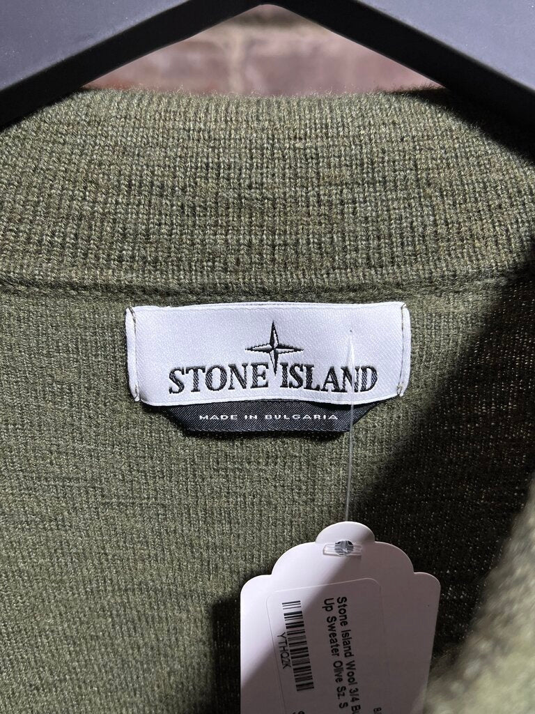 Stone Island Wool 3/4 Button Up Sweater Olive Sz. S