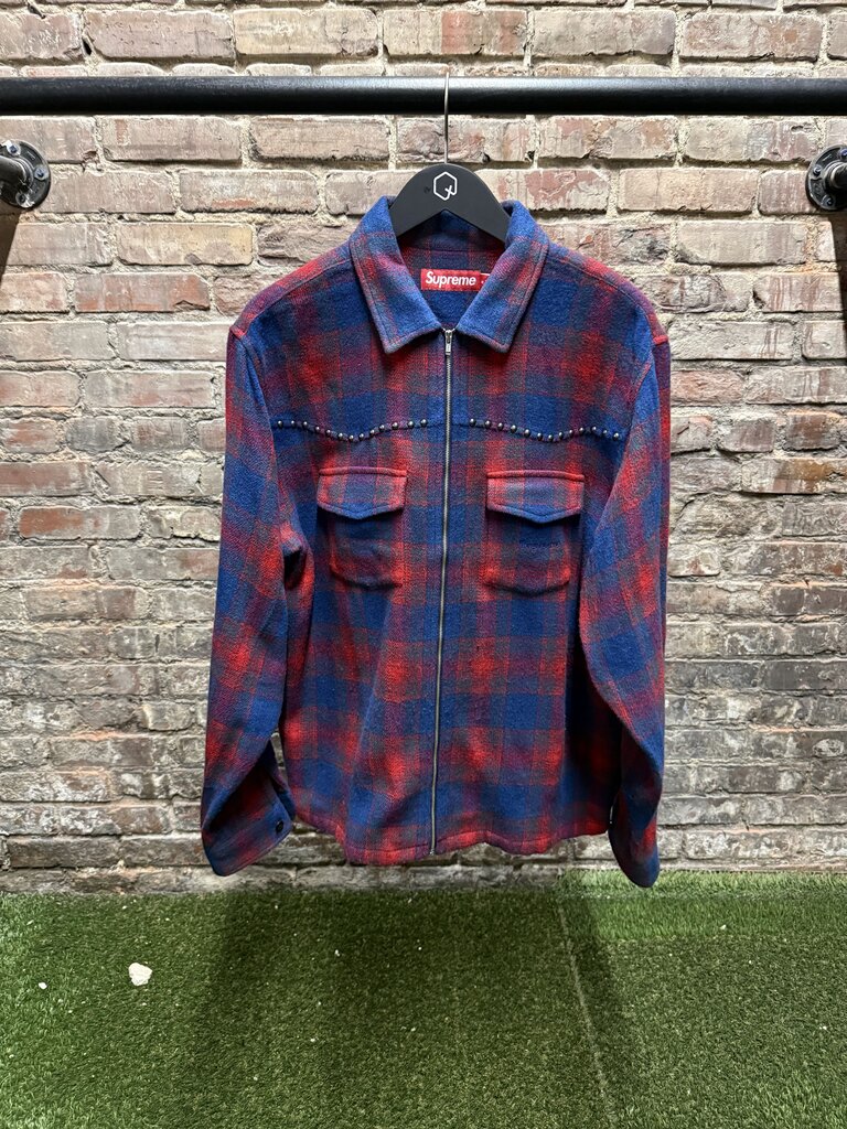 Supreme Studded Shadow Plaid Zip Hup Tee Navy/Red sz M